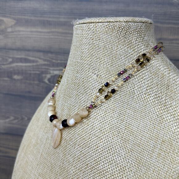 Carved Mother Of Pearl Leaf Pendants Beaded Necklace Bracelet Set Gold Filled - Picture 6 of 8